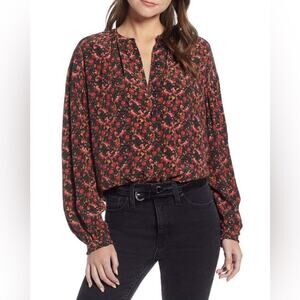 Something Navy Dark Floral Easy Volume Long Sleeve Blouse Top size Medium Ruffle